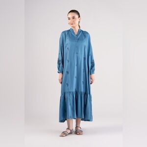 M.BASICS by MARIA. B. Blue Long Sleeve Maxi Dress with Floral Embroidery